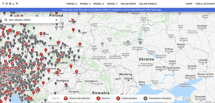 На мапі Tesla Supercharger наразі дві сірі позначки на території України 
